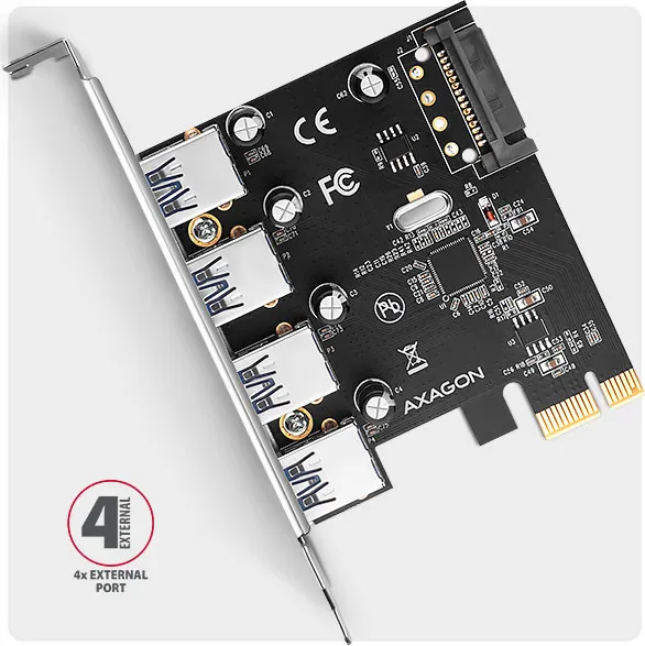 AXAGON PCEU-430RS, PCIe radič, 4x USB 5Gbps port, SATA napájanie, Renesas PD720201, SP