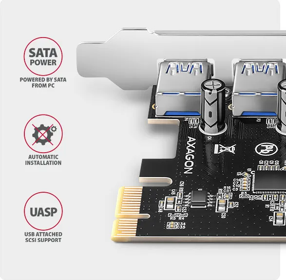 AXAGON PCEU-430RS, PCIe radič, 4x USB 5Gbps port, SATA napájanie, Renesas PD720201, SP