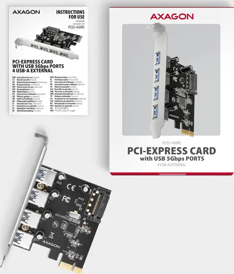 AXAGON PCEU-430RS, PCIe radič, 4x USB 5Gbps port, SATA napájanie, Renesas PD720201, SP