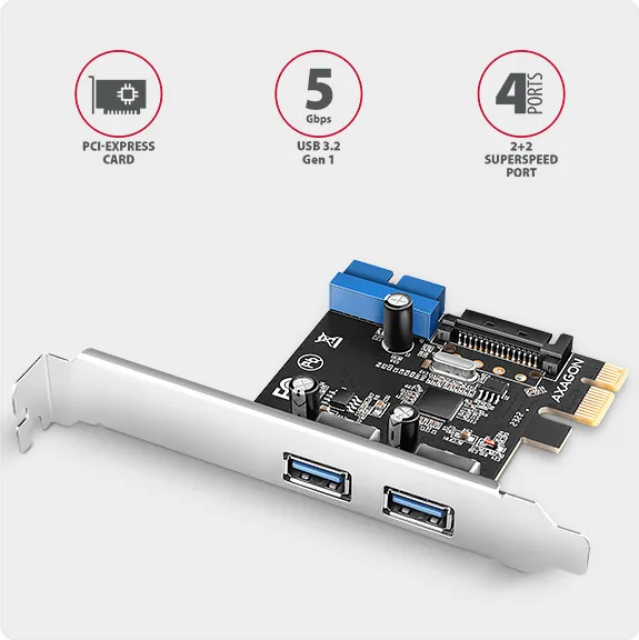 AXAGON PCEU-232RS, PCIe radič, 2+2x USB 5Gbps port, SATA napájanie, Renesas PD720201, SP & LP