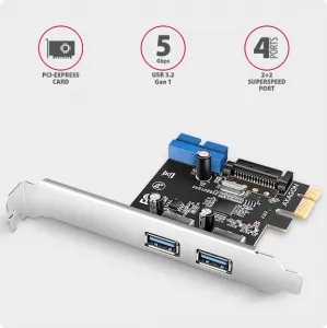 AXAGON PCEU-232RS, PCIe radič, 2+2x USB 5Gbps port, SATA napájanie, Renesas PD720201, SP & LP