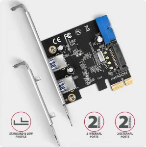 AXAGON PCEU-232RS, PCIe radič, 2+2x USB 5Gbps port, SATA napájanie, Renesas PD720201, SP & LP