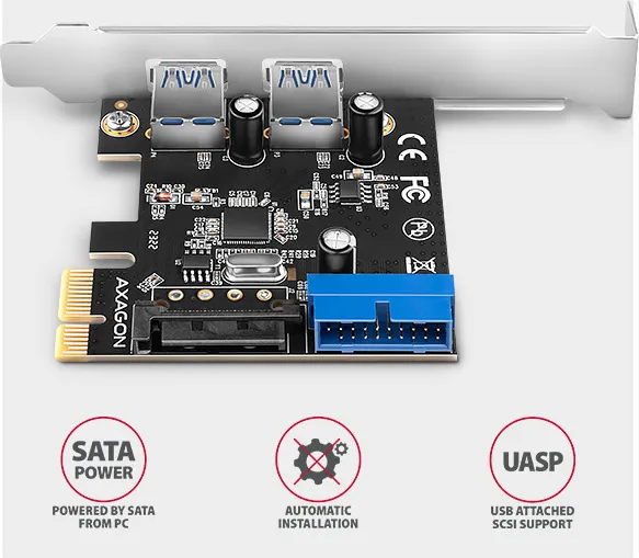 AXAGON PCEU-232RS, PCIe radič, 2+2x USB 5Gbps port, SATA napájanie, Renesas PD720201, SP & LP