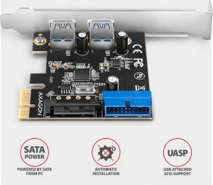 AXAGON PCEU-232RS, PCIe radič, 2+2x USB 5Gbps port, SATA napájanie, Renesas PD720201, SP & LP