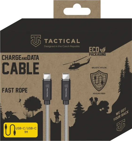 Tactical Fast Rope Aramid Cable USB-C/USB-C 100W 20V/5A 1m Grey