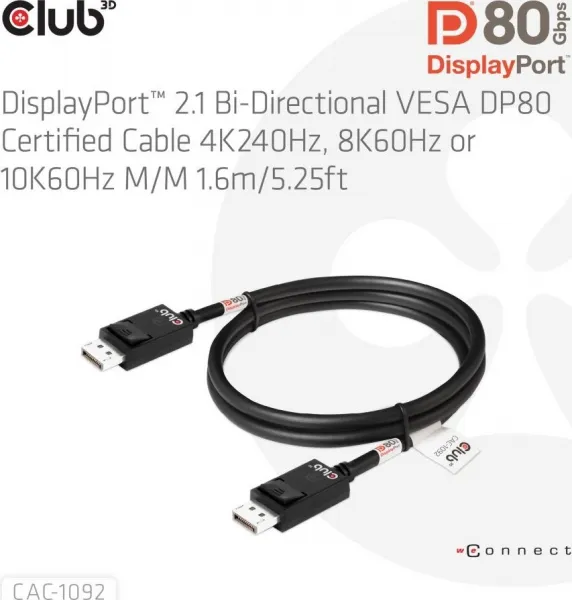 Club 3D Club3D Kabel DisplayPort 2.1 na DisplayPort 2.1, VESA DP80, 4K240Hz/8K60Hz/10K60Hz (M/M), 1.6m, černá