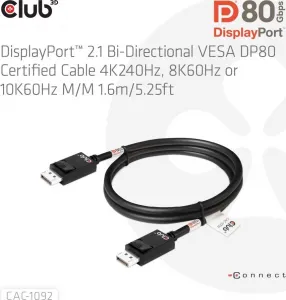 Club 3D Club3D Kabel DisplayPort 2.1 na DisplayPort 2.1, VESA DP80, 4K240Hz/8K60Hz/10K60Hz (M/M), 1.6m, černá