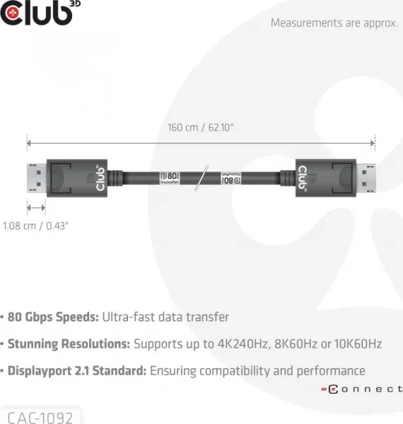Club 3D Club3D Kabel DisplayPort 2.1 na DisplayPort 2.1, VESA DP80, 4K240Hz/8K60Hz/10K60Hz (M/M), 1.6m, černá