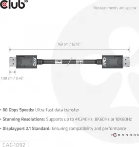 Club 3D Club3D Kabel DisplayPort 2.1 na DisplayPort 2.1, VESA DP80, 4K240Hz/8K60Hz/10K60Hz (M/M), 1.6m, černá