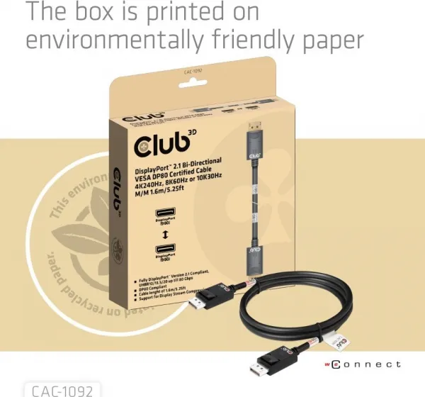 Club 3D Club3D Kabel DisplayPort 2.1 na DisplayPort 2.1, VESA DP80, 4K240Hz/8K60Hz/10K60Hz (M/M), 1.6m, černá