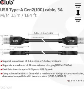 Club 3D Club3D Kabel USB 3.2 Gen2 Typ-A, 3A M/M, 50 cm