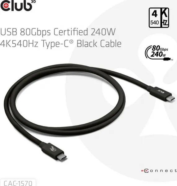 Club 3D Club3D Kabel USB4 v2 Typ-C, 80Gbps, Certifikovaný kabel, 4K540Hz, 8K240Hz, 16K60Hz, PD 240W, 1,2m