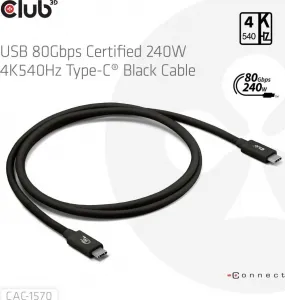 Club 3D Club3D Kabel USB4 v2 Typ-C, 80Gbps, Certifikovaný kabel, 4K540Hz, 8K240Hz, 16K60Hz, PD 240W, 1,2m