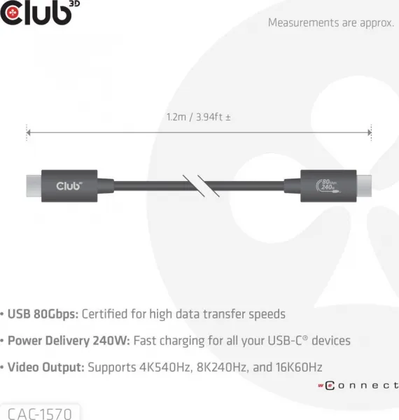 Club 3D Club3D Kabel USB4 v2 Typ-C, 80Gbps, Certifikovaný kabel, 4K540Hz, 8K240Hz, 16K60Hz, PD 240W, 1,2m