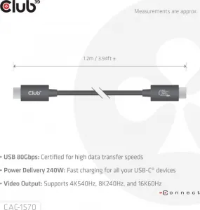 Club 3D Club3D Kabel USB4 v2 Typ-C, 80Gbps, Certifikovaný kabel, 4K540Hz, 8K240Hz, 16K60Hz, PD 240W, 1,2m