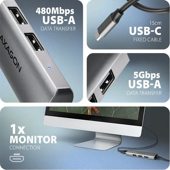 AXAGON HMC-H3A, USB 5Gbps hub, 3x USB-A, HDMI 4k/30Hz, kábel USB-C 15cm
