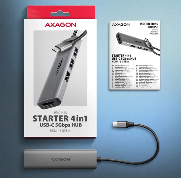 AXAGON HMC-H3A, USB 5Gbps hub, 3x USB-A, HDMI 4k/30Hz, kábel USB-C 15cm