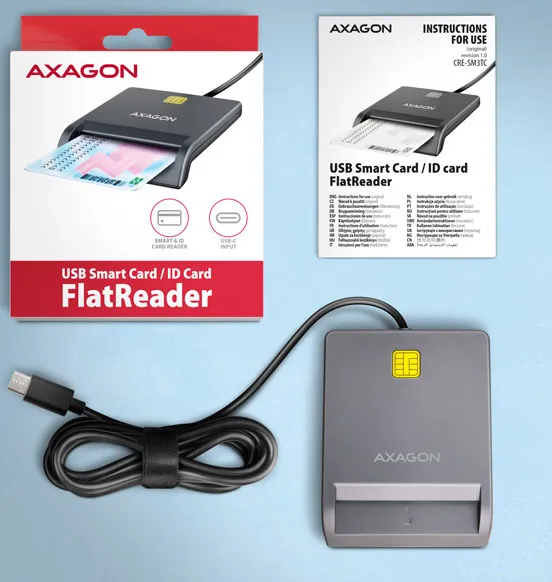 AXAGON CRE-SM3TC, USB-C FlatReader čítačka kontaktných kariet ID card (eID klient), kábel 1.2 m