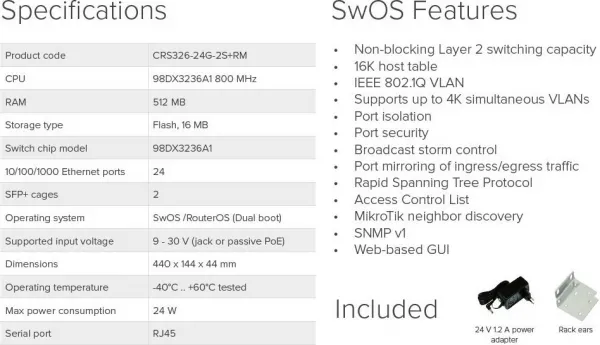 MikroTik Cloud Router Switch CRS326-24G-2S+RM, 800MHz CPU,512MB RAM, 24xLAN, 2xSFP+ slot, vč. L5