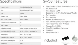MikroTik Cloud Router Switch CRS326-24G-2S+RM, 800MHz CPU,512MB RAM, 24xLAN, 2xSFP+ slot, vč. L5