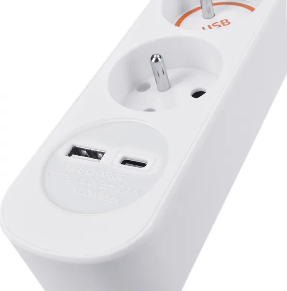 Solight prodlužovací přívod 5 zásuvek, USB A+C nabíječka 12W, 3m, 3 x 1mm2, bílý, vypínač