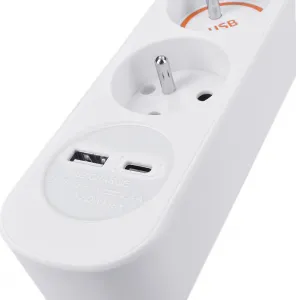 Solight prodlužovací přívod 5 zásuvek, USB A+C nabíječka 12W, 3m, 3 x 1mm2, bílý, vypínač