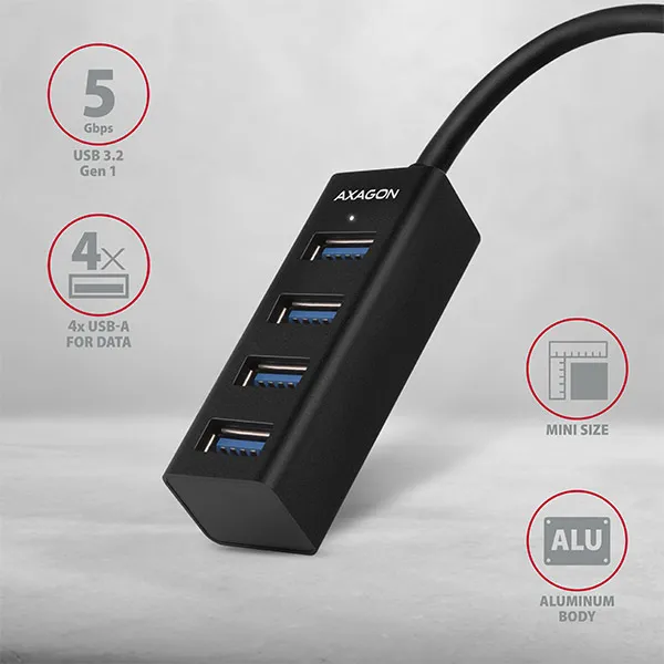 AXAGON HUE-M1C, 4x USB 3.mINI rozbočovač 2. generácie, kovový, kábel USB-C 20 cm
