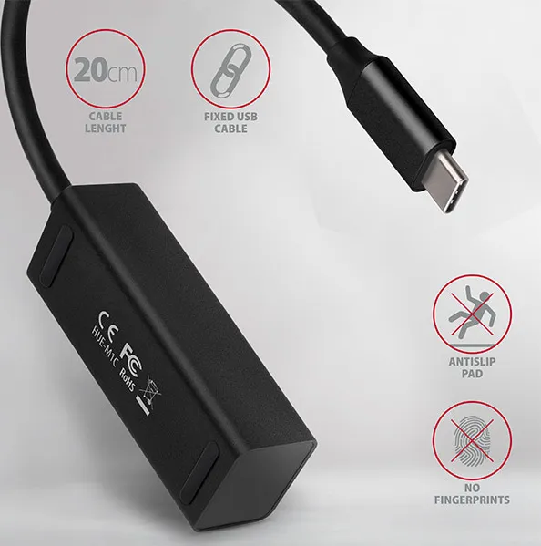 AXAGON HUE-M1C, 4x USB 3.mINI rozbočovač 2. generácie, kovový, kábel USB-C 20 cm