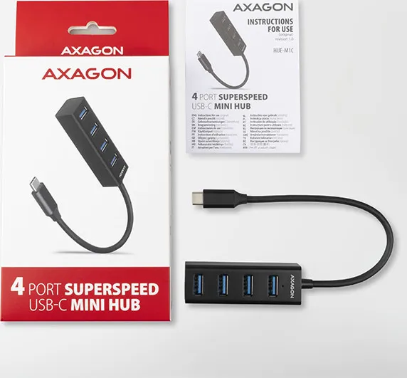 AXAGON HUE-M1C, 4x USB 3.mINI rozbočovač 2. generácie, kovový, kábel USB-C 20 cm