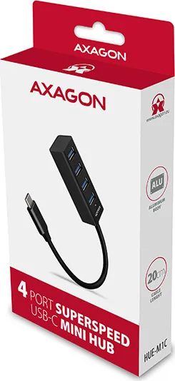 AXAGON HUE-M1C, 4x USB 3.mINI rozbočovač 2. generácie, kovový, kábel USB-C 20 cm