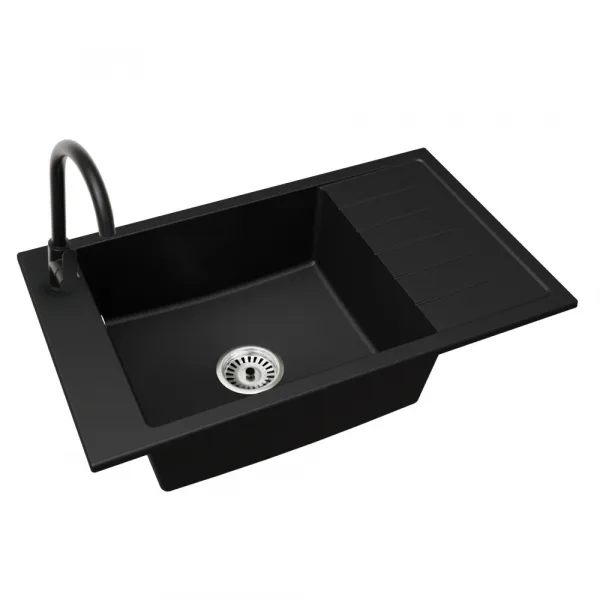 Granitový drez so sifónom a odkvapkávacou plochou, univerzálny, čierna, 79,5x48, LUSIN