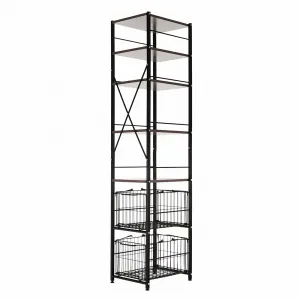 5-radový regál s 2 košíkmi, čierna/prírodná, RATTO