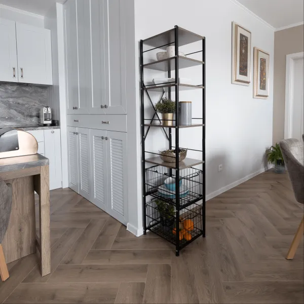 5-radový regál s 2 košíkmi, čierna/prírodná, RATTO