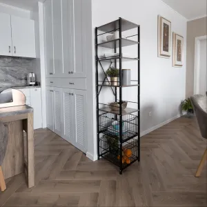 5-radový regál s 2 košíkmi, čierna/prírodná, RATTO