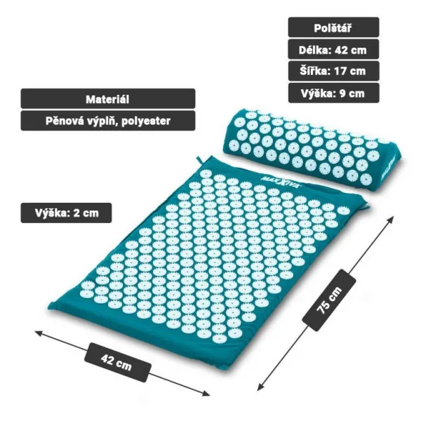MAXXIVA 81549 Akupresúrna podložka s vankúšom, 75x42 cm, petrolej