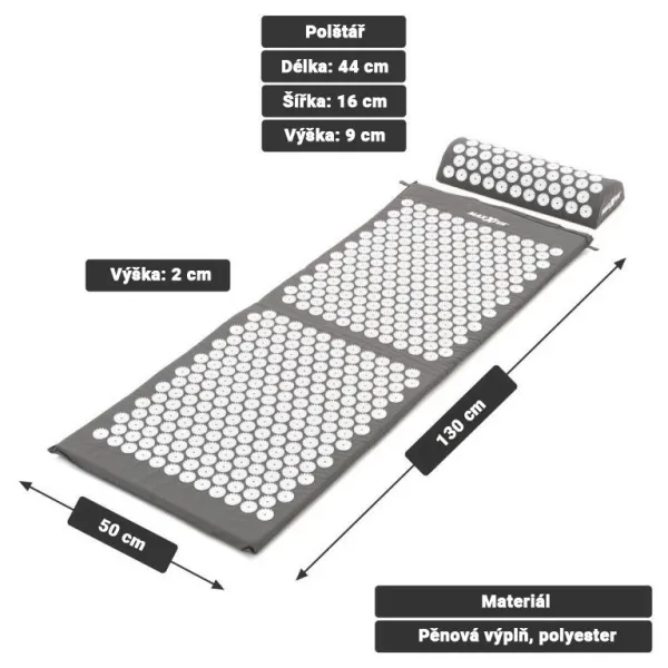 MAXXIVA 81655 Akupresúrna podložka s vankúšom, 130 x 50 cm, sivá