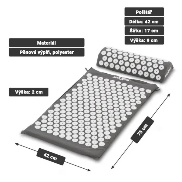 MAXXIVA 81552 Akupresúrna podložka s vankúšom, 75x42 cm, sivá