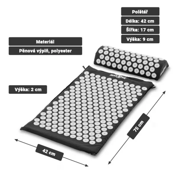 MAXXIVA 81550 Akupresúrna podložka s vankúšom, 75x42 cm, čierna