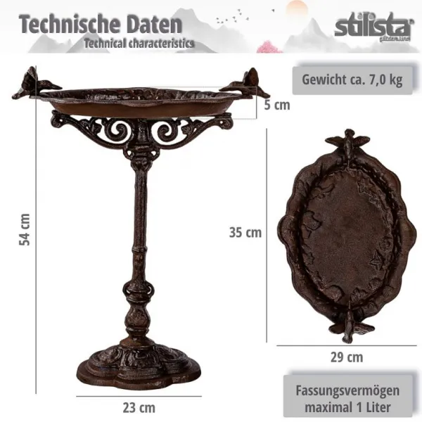 STILISTA 91063 Liatinová vtáčia kúpeľ 45 x 35 cm, antická hnedá