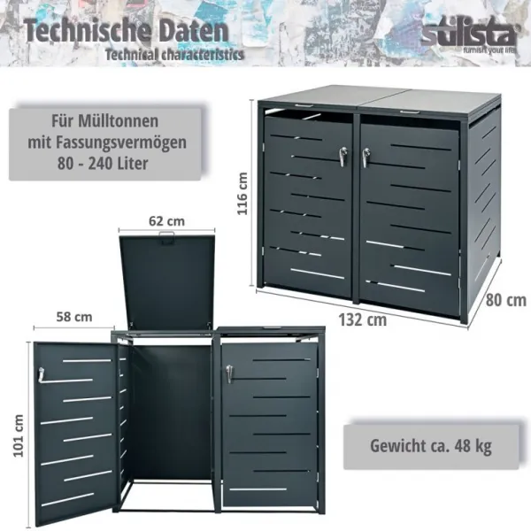 STILISTA skriňa na 2 popolnice, 132 x 80 x 116 cm, antracit