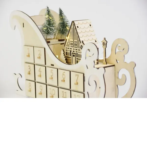 Vianočný adventný kalendár, sane, 10 LED, na batérie