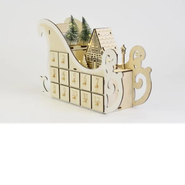 Vianočný adventný kalendár, sane, 10 LED, na batérie