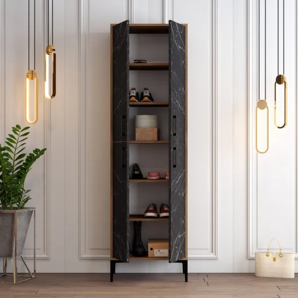 Skrinka na topánky / Botník Berlin A - Walnut, Black Marble