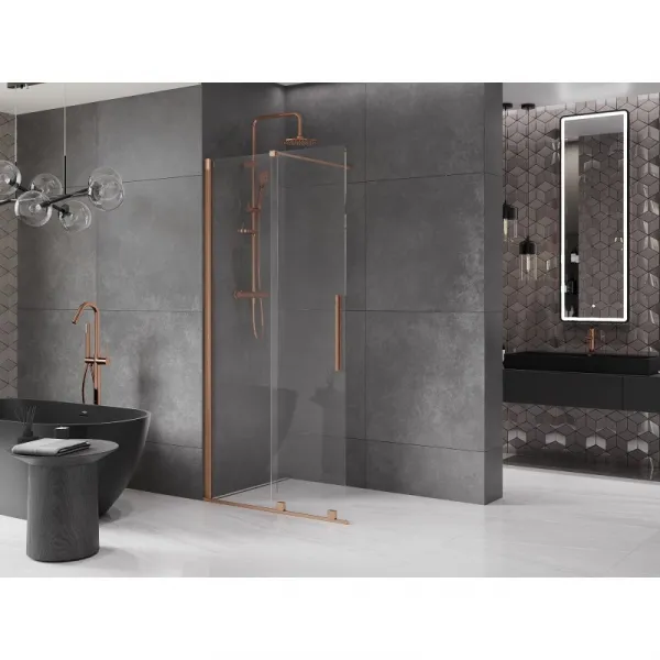 MEXEN/S - Velár posuvné sprchové dvere Walk-in 85, transparent, kartáčovaná meď 871-085-000-03-65