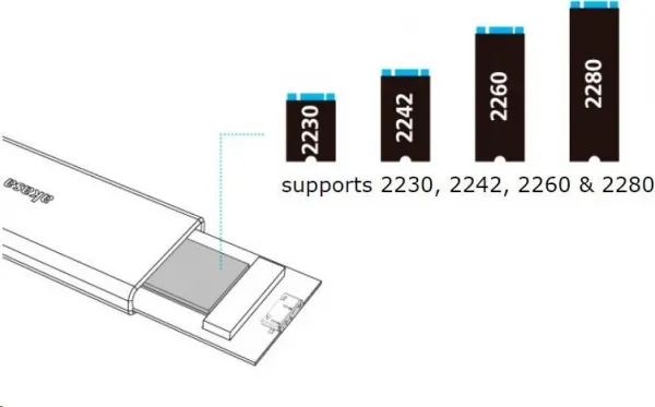 Externý box AKASA pre M.2 SSD SATA II, III, USB 3.1 Gen1 Micro-B, (podporuje 2230, 2242, 2260 a 2280), hliník, čierna