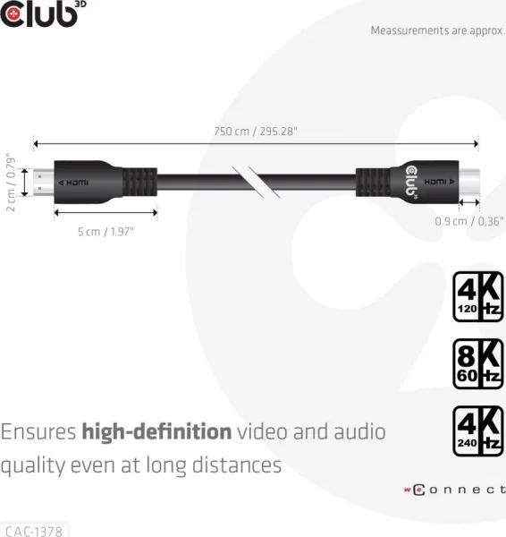 Club 3D Club3D Kabel HDMI, Ultra Rychlý HDMI™ Certifikovaný Cable, 4K120Hz/ 8K60Hz, 7.5m