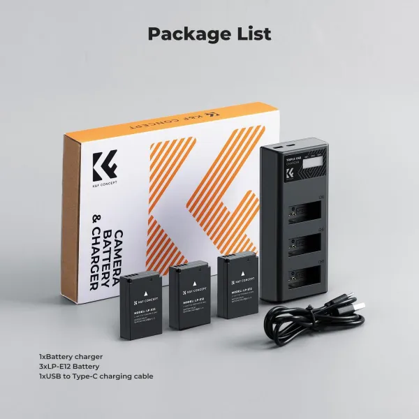 K&F Concept Batéria do fotoaparátu K&F LP-E12 1100 mAh, 3 kusy + sada nabíjačky 40512