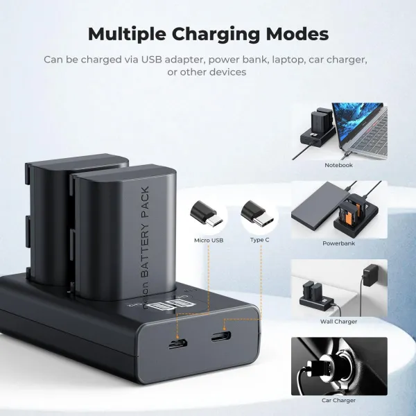 K&F Concept Batéria pre fotoaparát Canon LP-E6NH 2600 mAh, sada nabíjačiek pre dve batérie s dvoma sloty pre LCD displeje 42341