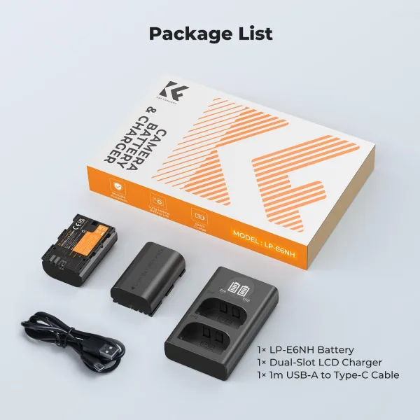 K&F Concept Batéria pre fotoaparát Canon LP-E6NH 2600 mAh, sada nabíjačiek pre dve batérie s dvoma sloty pre LCD displeje 42341