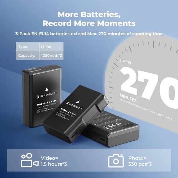 K&F Concept Batéria pre fotoaparát Nikon EN-EL14 1050 mAh, balenie 3 ks + nabíjačka, sada nabíjačiek pre LCD displej, trojslotová 42329